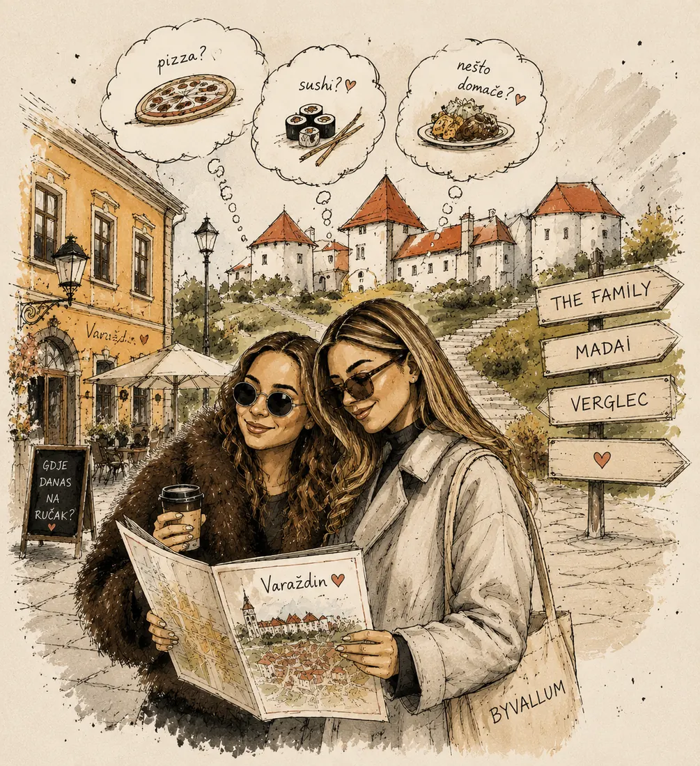 Ilustracija: Sandra i Erika s kartom Varaždina, iznad njih misli o pizzi, sushiju i domaćoj hrani