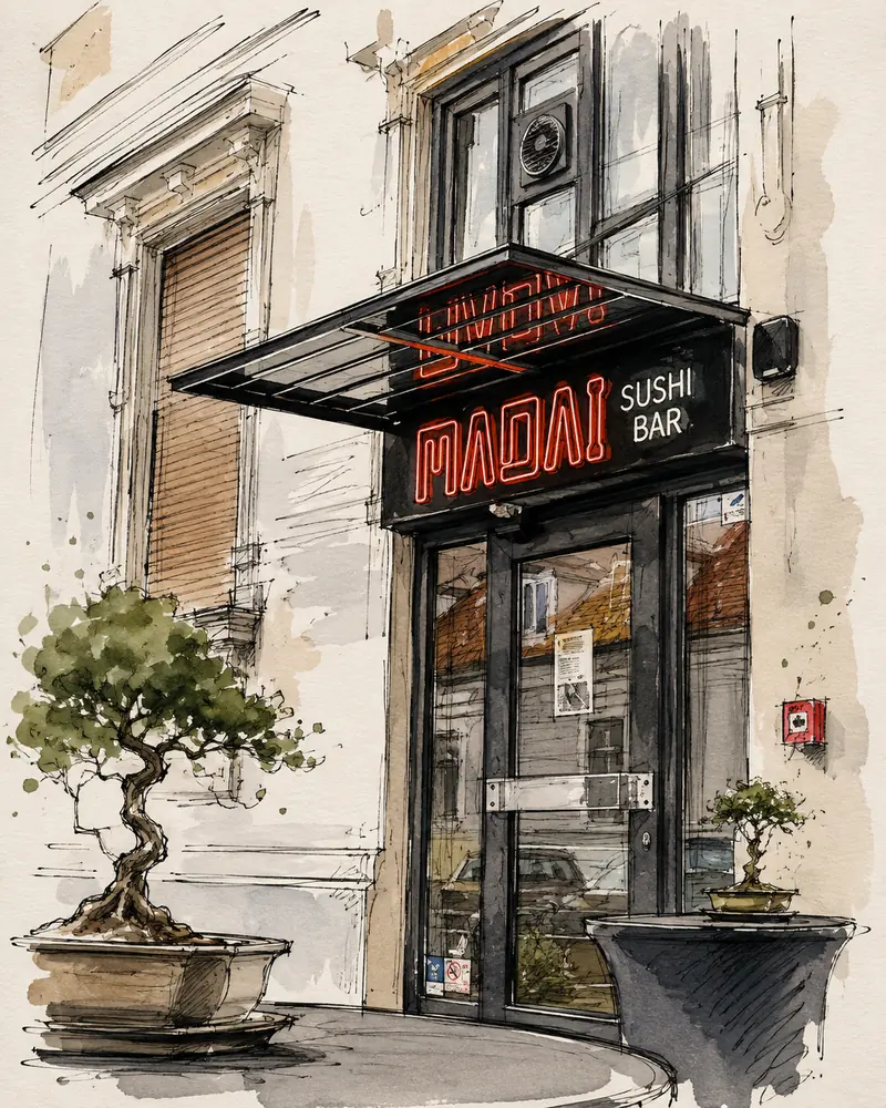 Ilustracija ulaza u Madai sushi bar u Varaždinu, crna nadstrešnica s crvenim neonskim natpisom i bonsai u posudama