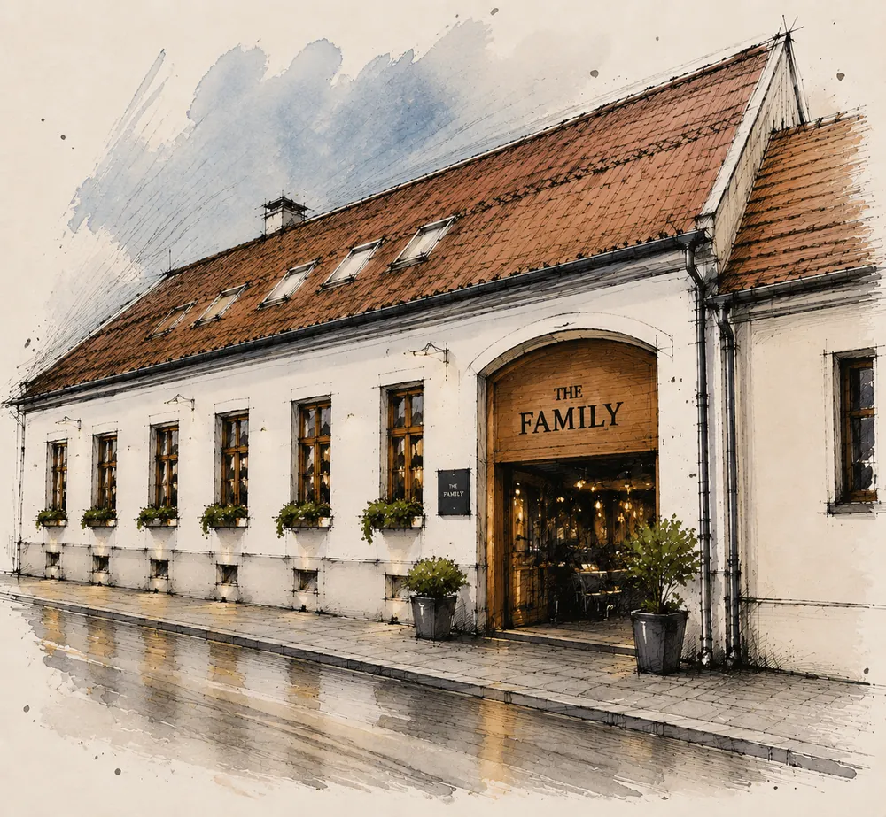 Ilustracija pročelja restorana The Family u Varaždinu, bijela fasada s crvenim krovom i drvenim ulaznim portalom