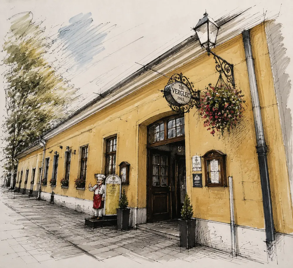Ilustracija pročelja restorana Verglec u Varaždinu, žuta fasada s kovanim znakom i cvijećem uz ulaz