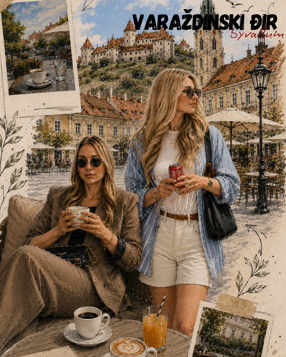 Ilustracija u stilu akvarela: Sandra i Erika na terasi kafića u centru Varaždina, u pozadini Stari grad i katedrala, na stolu kava i sok